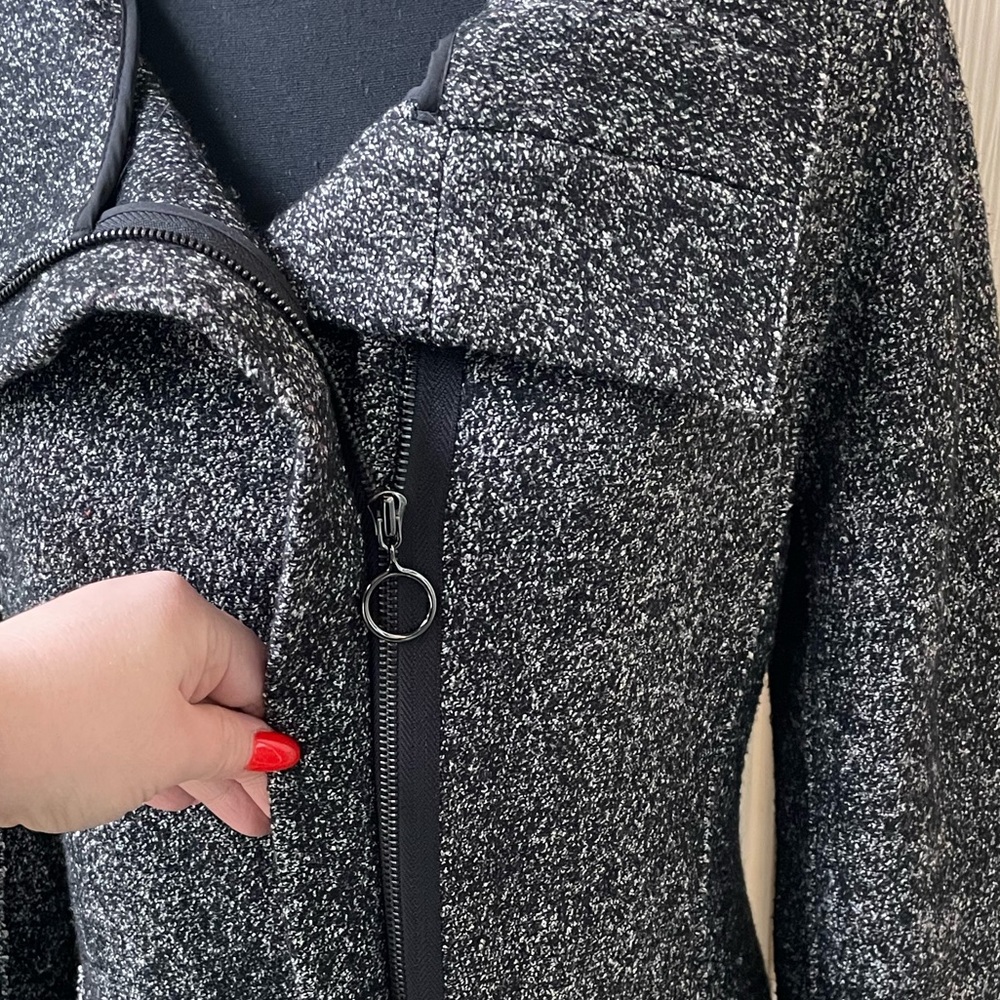 Ann Taylor Petite • Wool Blend Coat Black Gray Funnel Neck Zip Up Mid Length - Picture 7 of 10